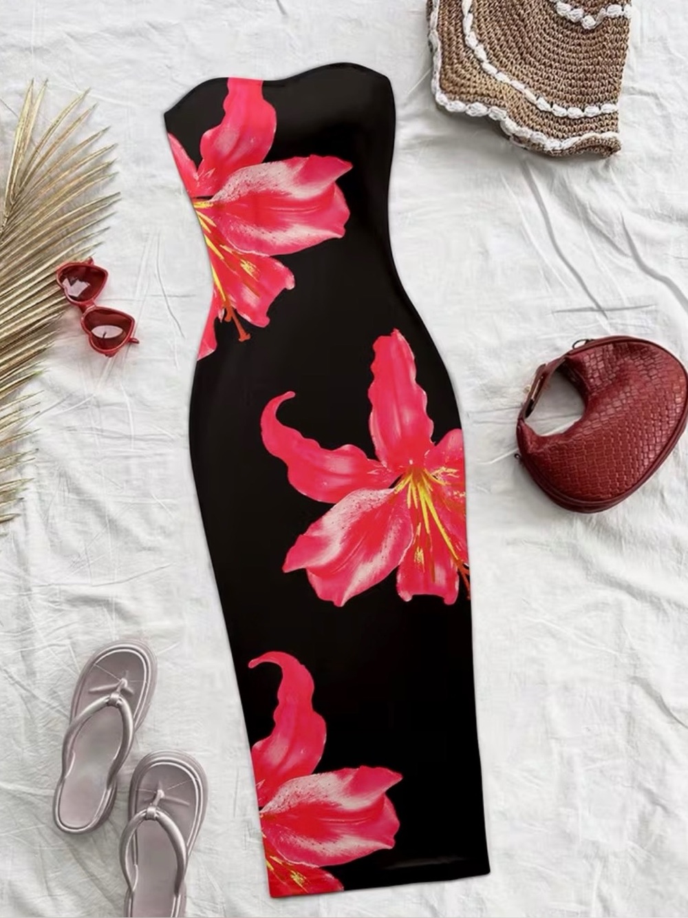 Strapless Black Long Dress with Bright Pink and Yellow Floral Print